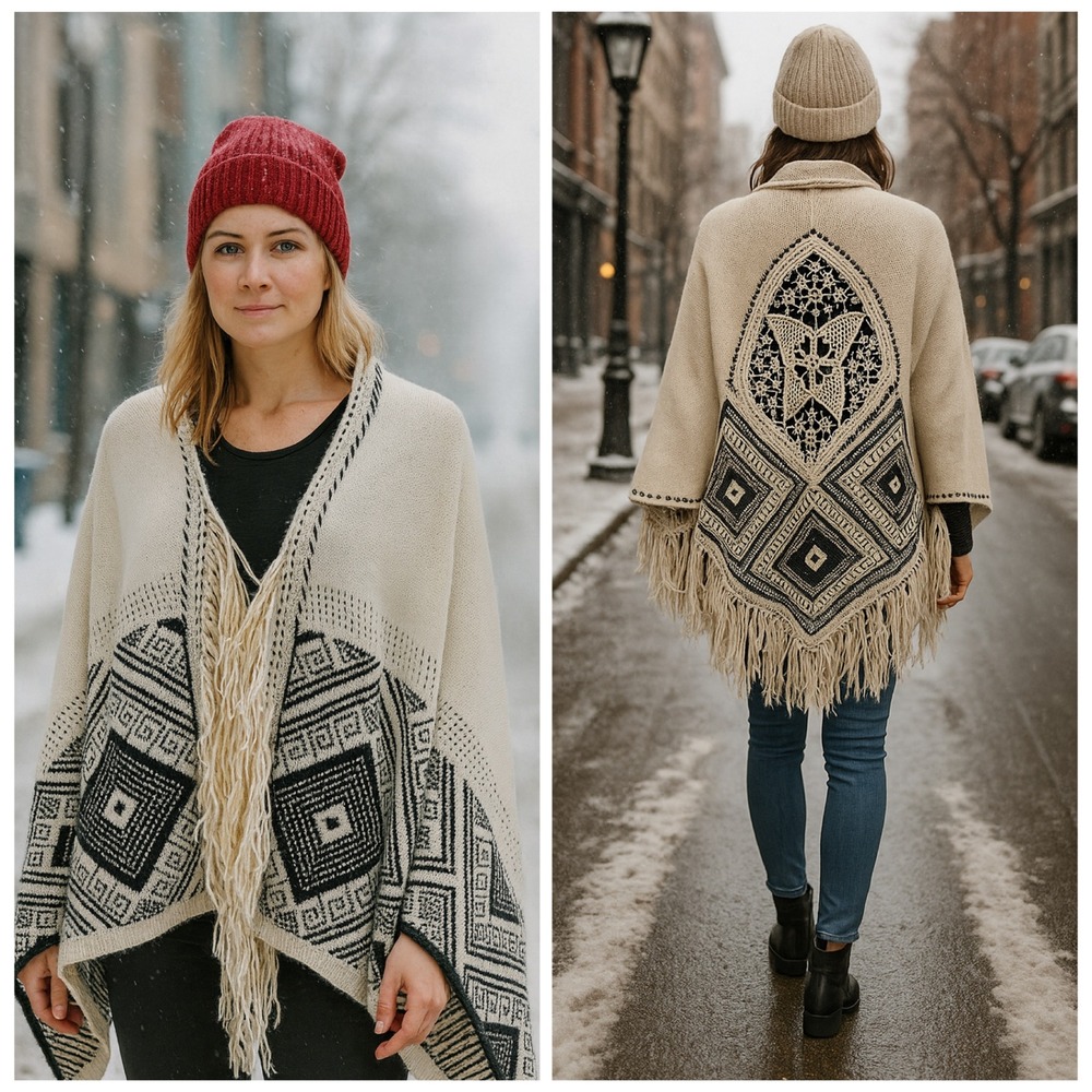 Curio New York Cream Black Geometric Lace Boho Fringe Knit Poncho Wrap M/L